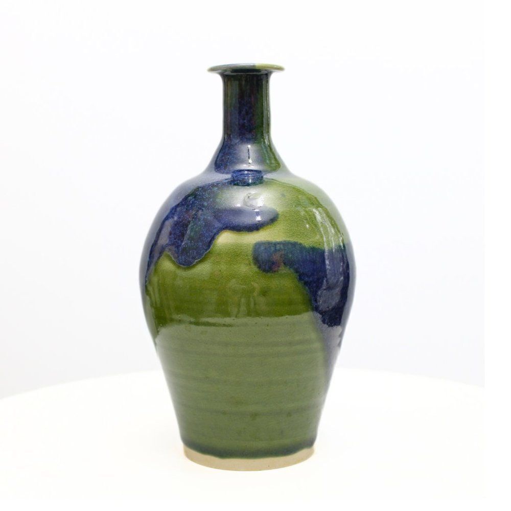 Ceramic Vase Hand Crafted Artist Signed Blue Green Drip Glaze  8.5" Tall Vintage